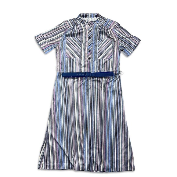 Mod Vintage 60s Twiggy Space Age Fit & Flare Twirl Mini Dress Striped Womens M - Picture 1 of 9